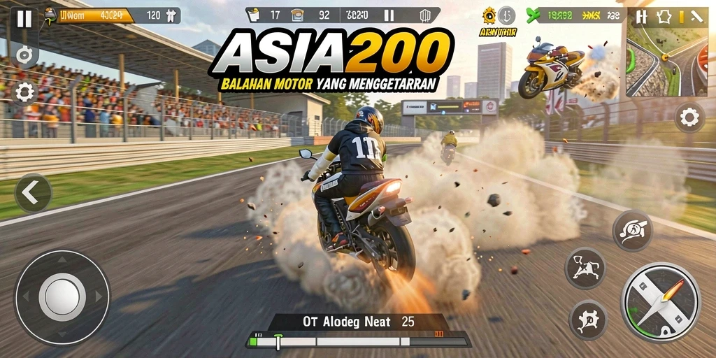 Tampilan gameplay seru dalam balapan motor ASIA200.