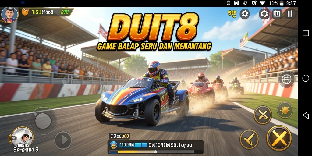 Screenshot utama DUIT8 menampilkan aksi mendebarkan dari gameplay Racing.