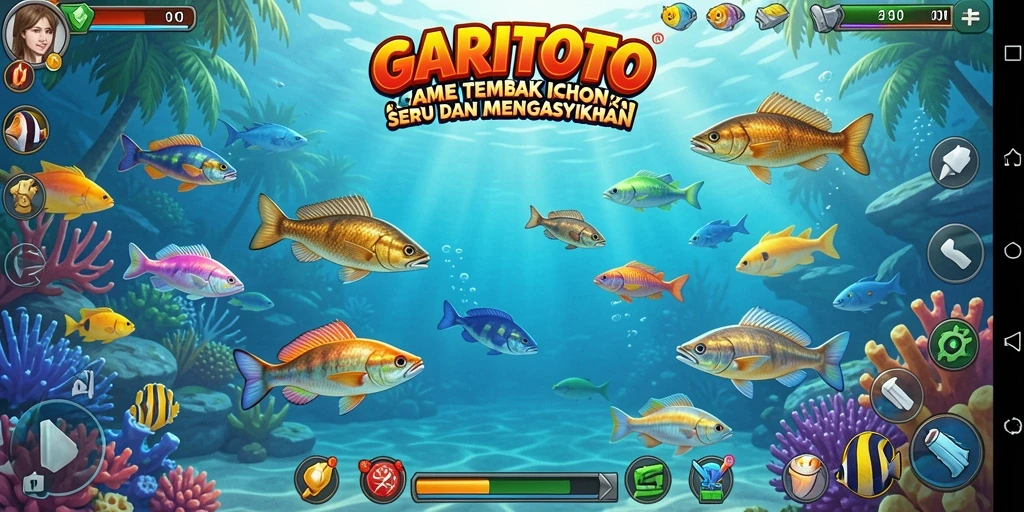 Gameplay GARITOTO yang seru saat menembak ikan berwarna-warni.