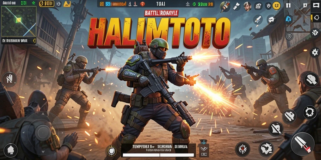 Screenshot utama HALIMTOTO menampilkan pertarungan intens di arena Battle Royale.