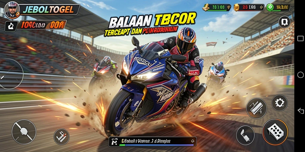 Screenshot gameplay JEBOLTOGEL menampilkan balapan motor yang seru dan penuh tantangan.