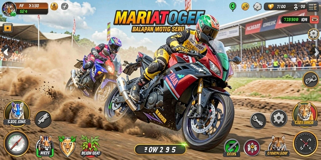 Screenshot menunjukkan aksi balapan motor yang mendebarkan di MARIATOGEL.