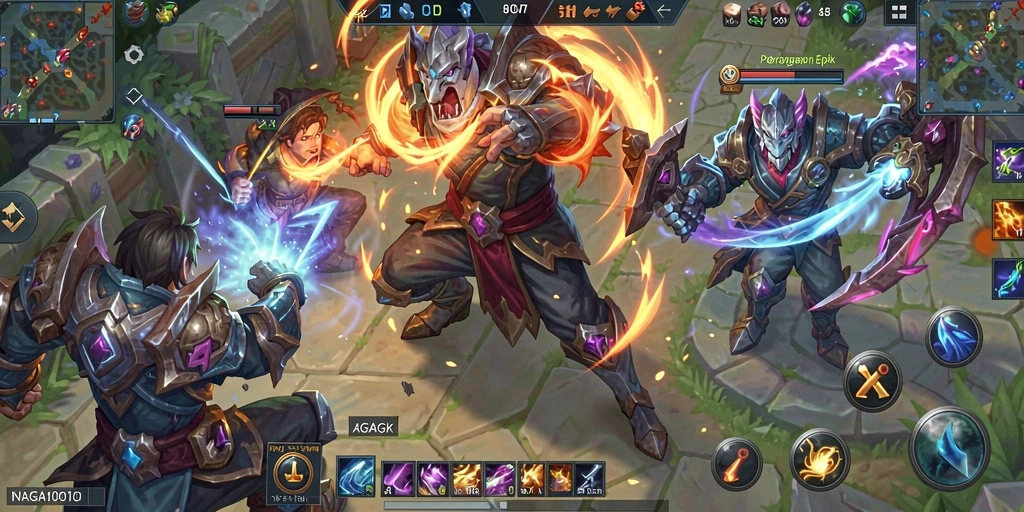 Gambar menampilkan aksi seru di pertandingan NAGA1001 dengan karakter berinteraksi di arena MOBA.