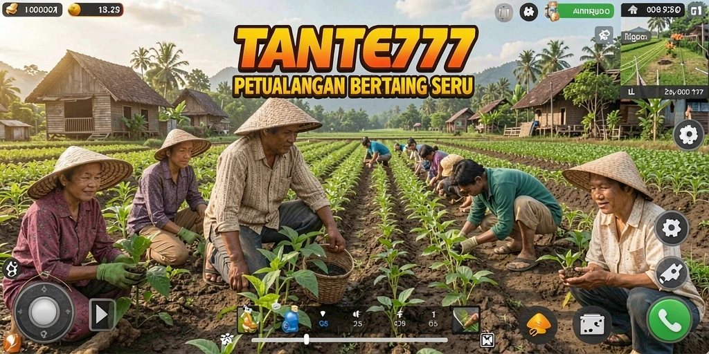 Screenshot gameplay TANTE777 menampilkan kegiatan bertani dengan grafis menawan.