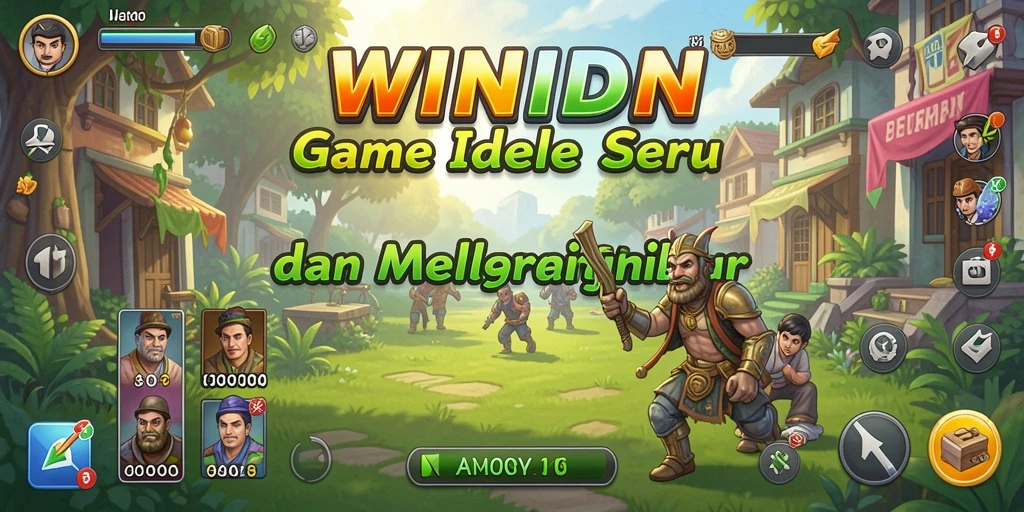 Screenshot gameplay <strong>WINIDN</strong> menampilkan karakter yang sedang mengumpulkan sumber daya secara otomatis.